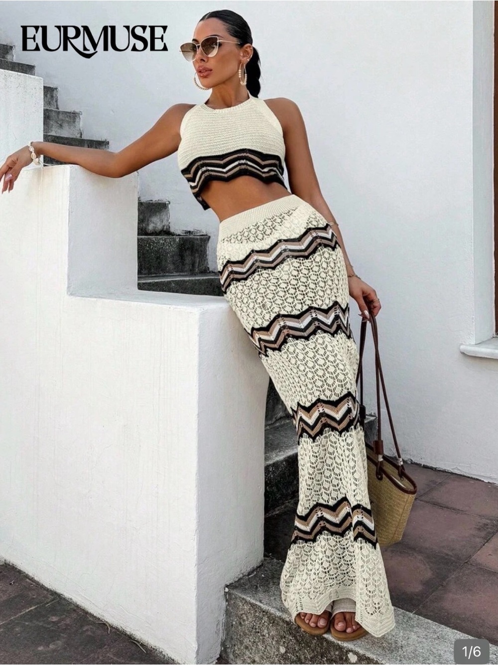 Muse Cream Crochet Maxi Skirt with Black and Brown Chevron Trim